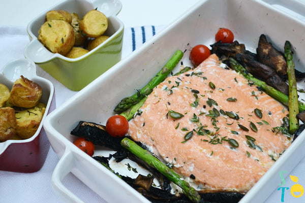 Roast salmon with roasted vegetables