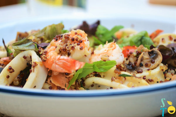 Seafood, quinoa stir fry