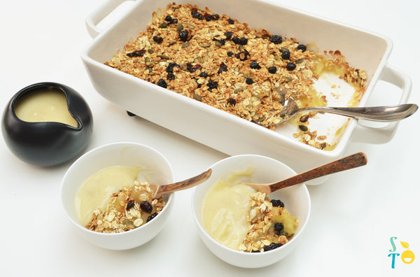 Oaty apple & pear crumble with dairy-free & gluten-free custard