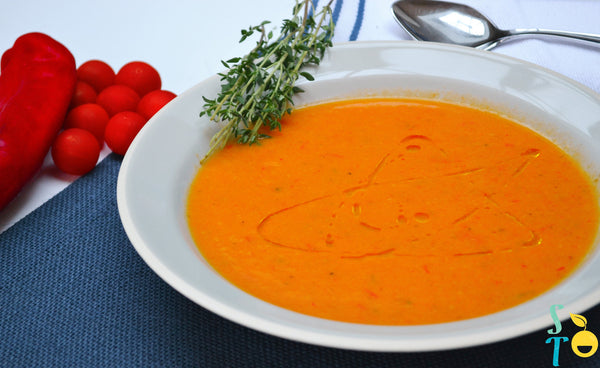 Roasted pepper, tomato prawn soup